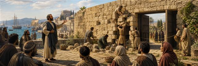 A humble apostle teaching as workers dismantle unstable stones and open a measured city gate